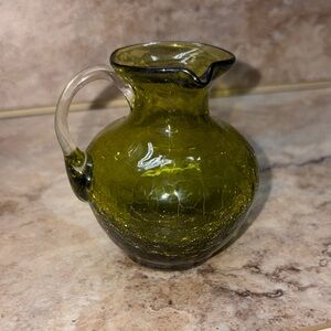 Mid Century Kanawha Green Crackle Glass Pitcher, Clear Handle 3-3/8”H